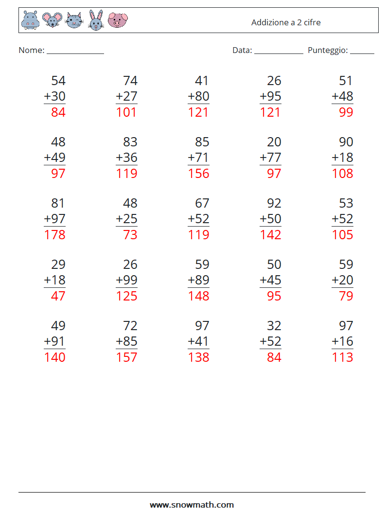 (25) Addizione a 2 cifre Fogli di lavoro di matematica 10 Domanda, Risposta