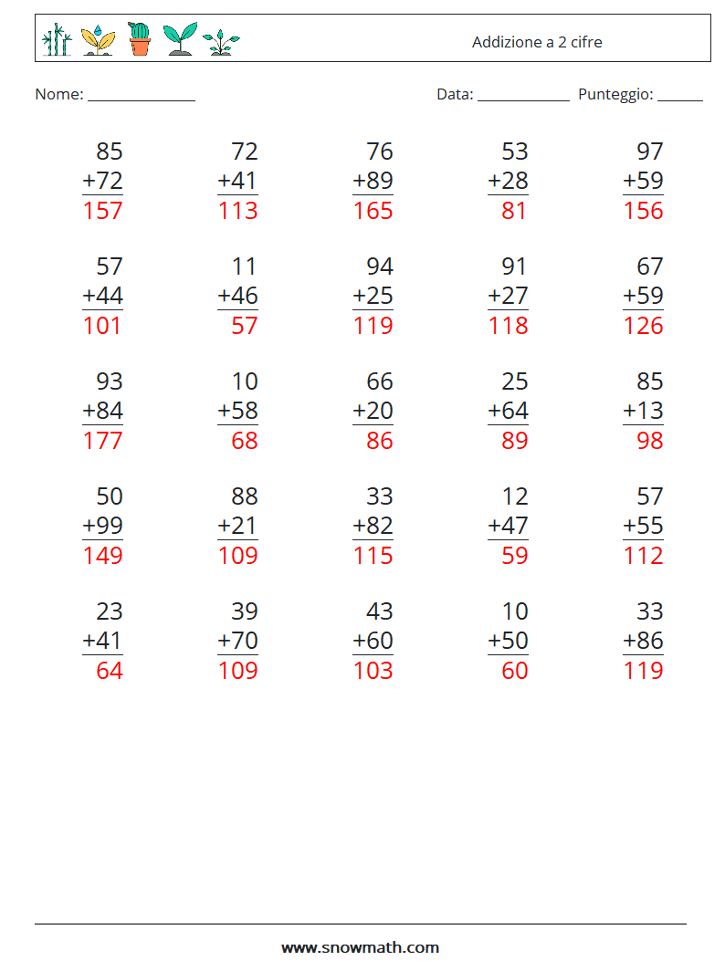 (25) Addizione a 2 cifre Fogli di lavoro di matematica 11 Domanda, Risposta