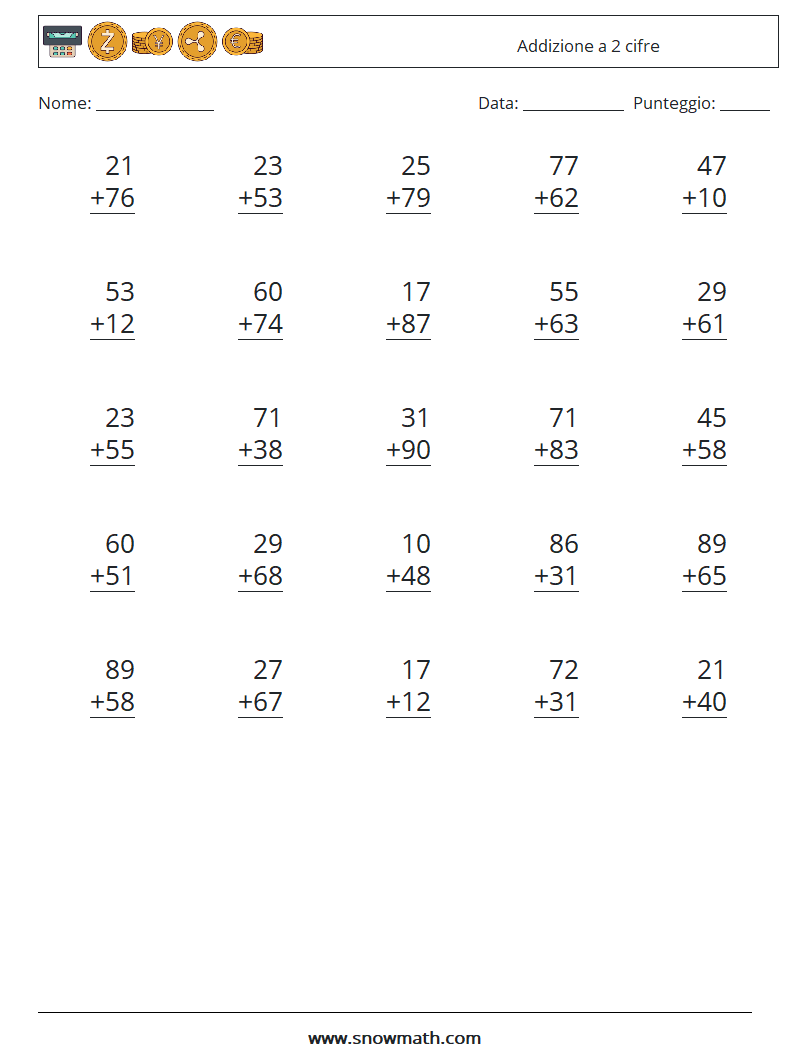 (25) Addizione a 2 cifre Fogli di lavoro di matematica 12