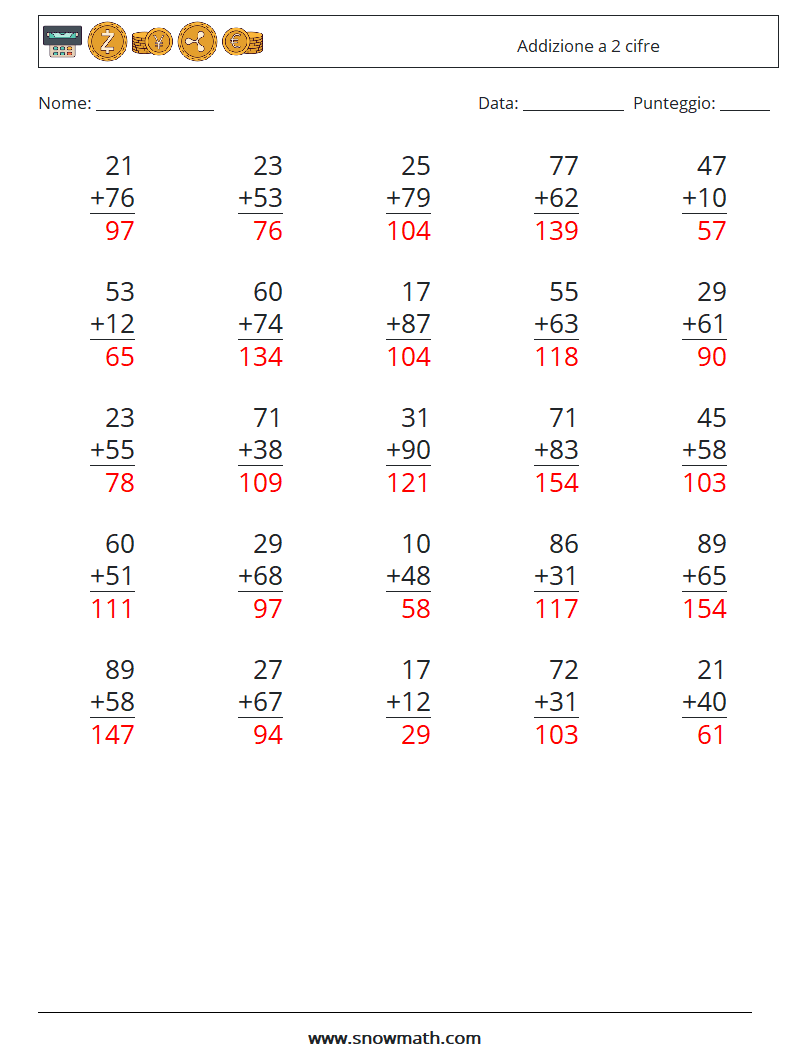 (25) Addizione a 2 cifre Fogli di lavoro di matematica 12 Domanda, Risposta