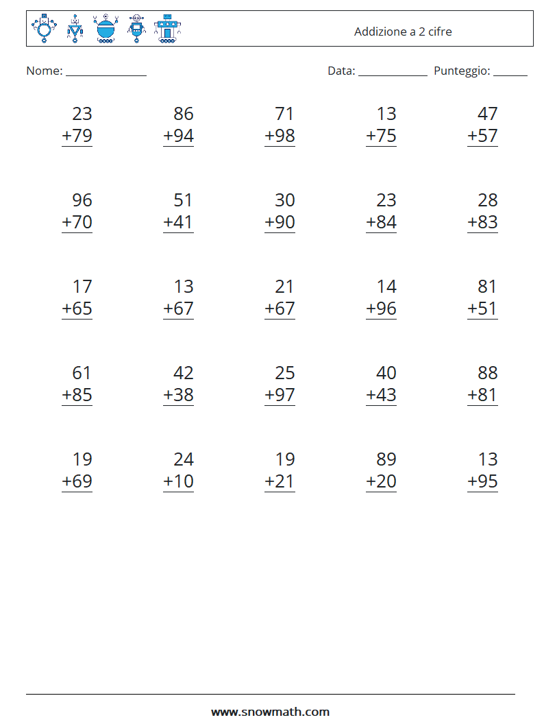 (25) Addizione a 2 cifre Fogli di lavoro di matematica 13
