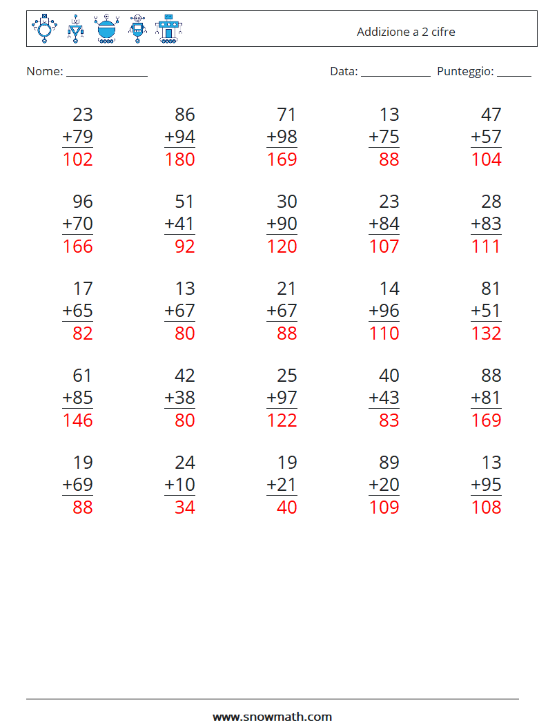 (25) Addizione a 2 cifre Fogli di lavoro di matematica 13 Domanda, Risposta