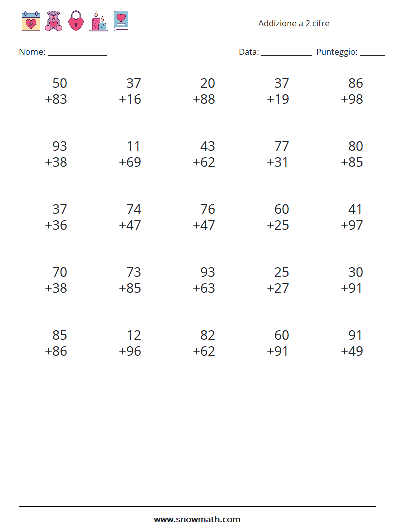 (25) Addizione a 2 cifre Fogli di lavoro di matematica 14
