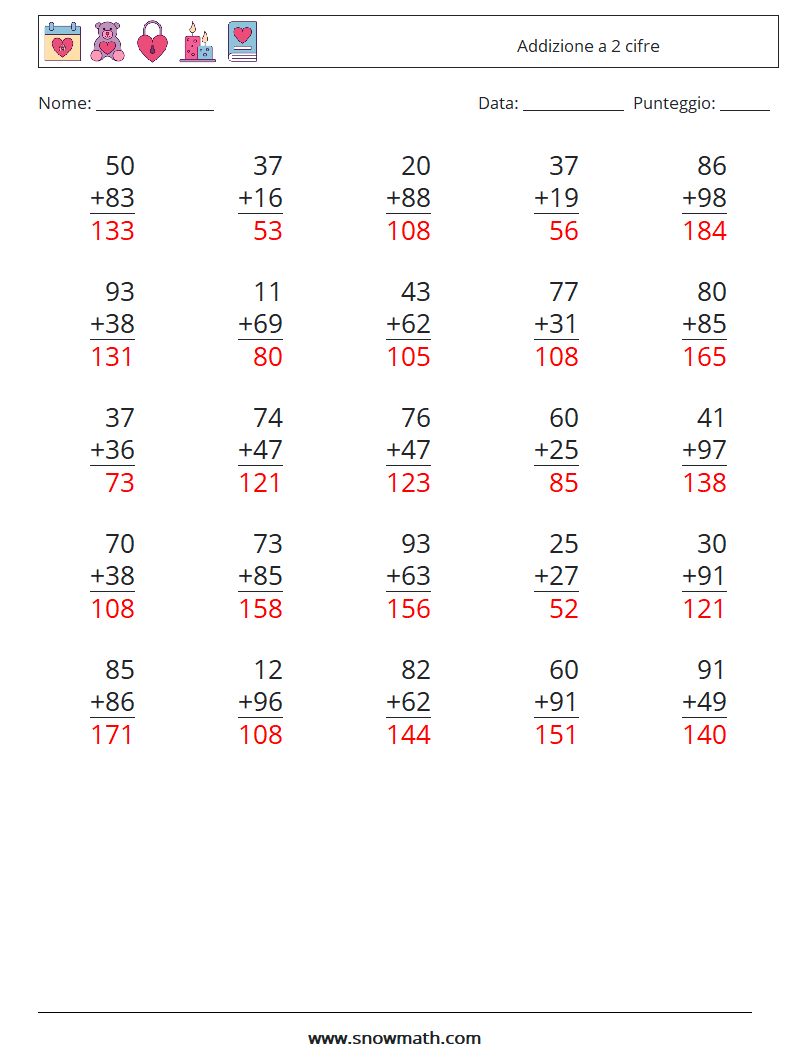 (25) Addizione a 2 cifre Fogli di lavoro di matematica 14 Domanda, Risposta