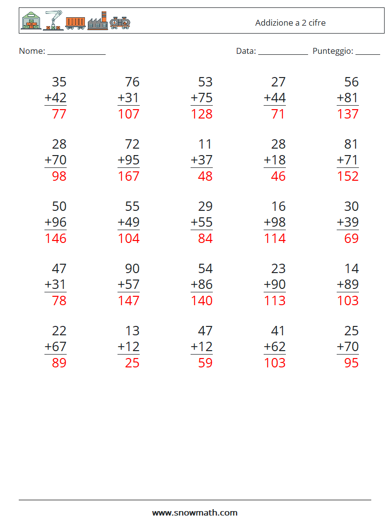 (25) Addizione a 2 cifre Fogli di lavoro di matematica 15 Domanda, Risposta