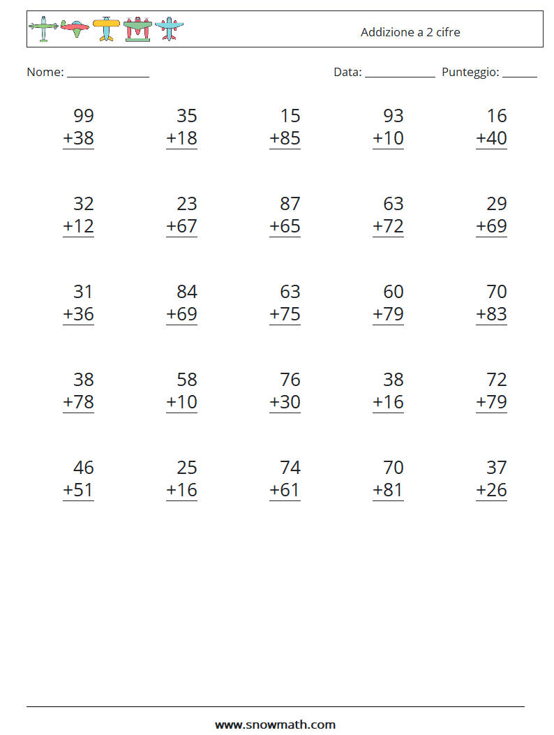(25) Addizione a 2 cifre Fogli di lavoro di matematica 16
