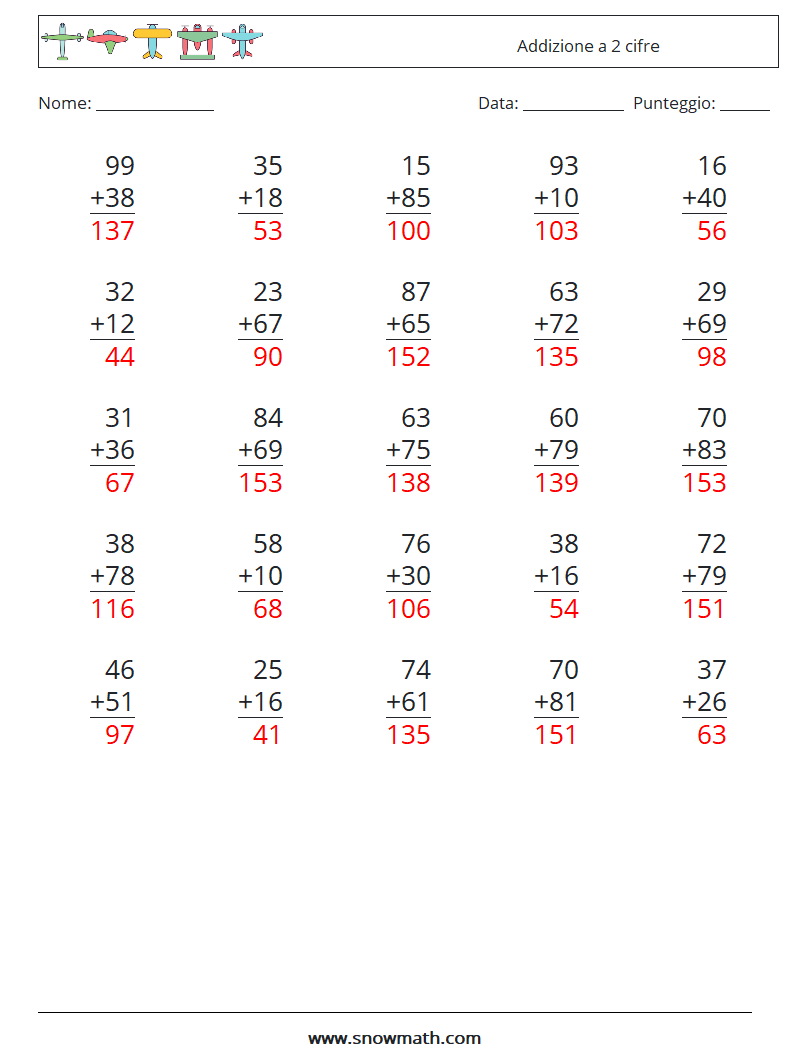 (25) Addizione a 2 cifre Fogli di lavoro di matematica 16 Domanda, Risposta