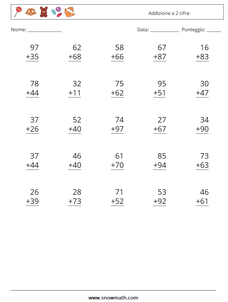 (25) Addizione a 2 cifre Fogli di lavoro di matematica 17