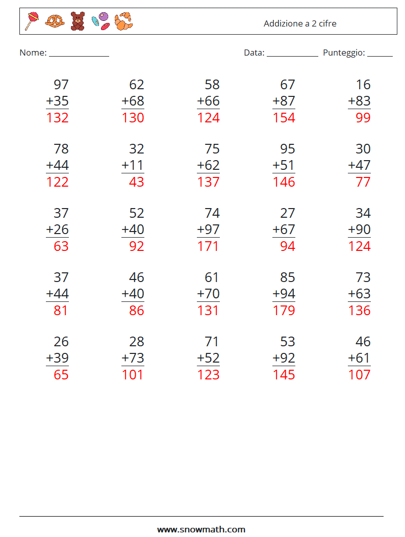 (25) Addizione a 2 cifre Fogli di lavoro di matematica 17 Domanda, Risposta