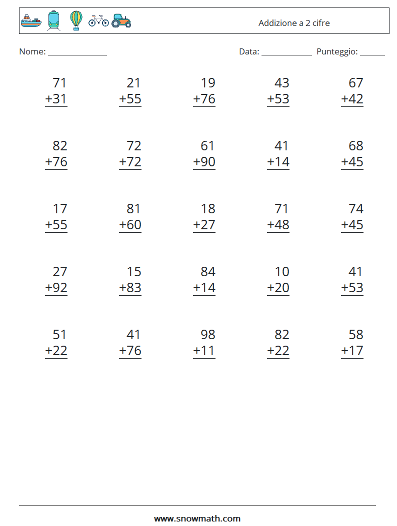 (25) Addizione a 2 cifre Fogli di lavoro di matematica 18