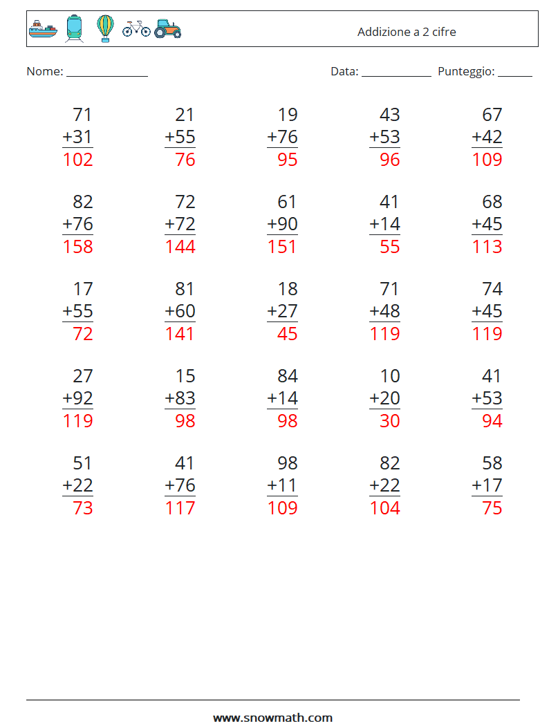 (25) Addizione a 2 cifre Fogli di lavoro di matematica 18 Domanda, Risposta