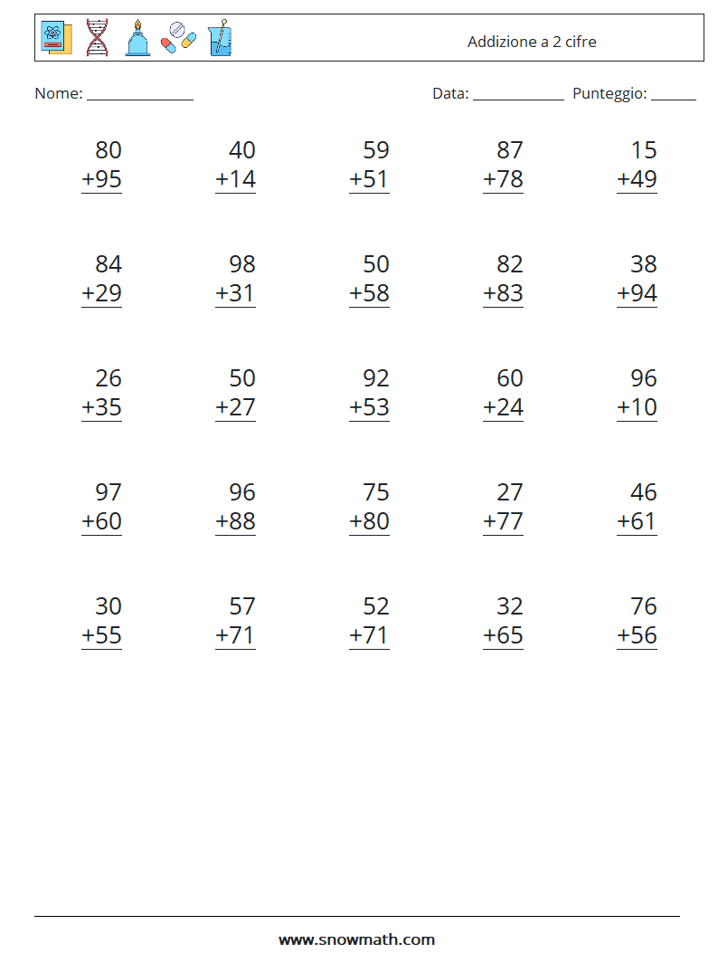 (25) Addizione a 2 cifre Fogli di lavoro di matematica 2