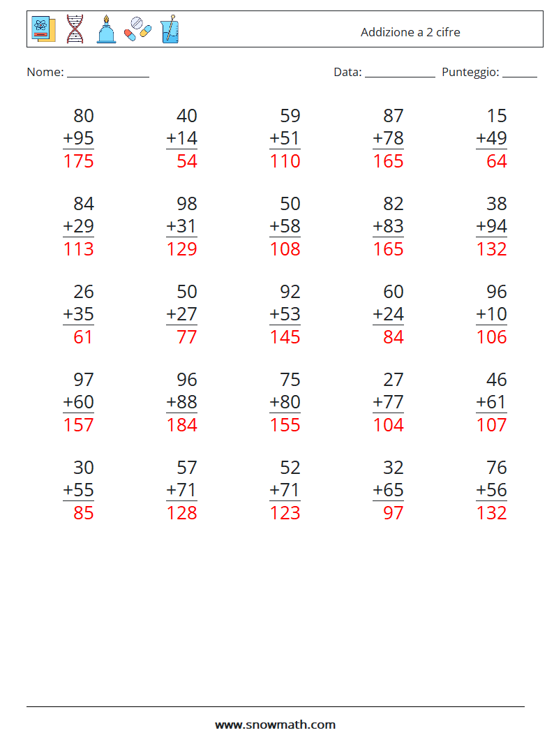 (25) Addizione a 2 cifre Fogli di lavoro di matematica 2 Domanda, Risposta