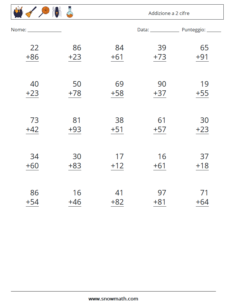 (25) Addizione a 2 cifre Fogli di lavoro di matematica 4