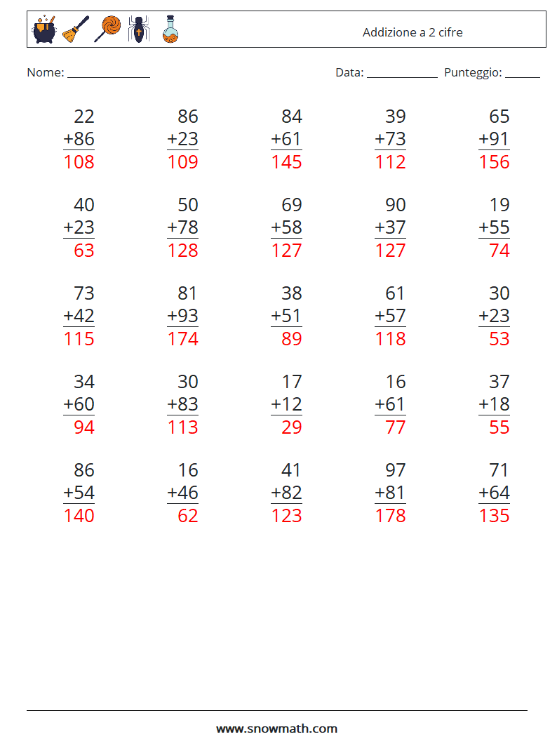 (25) Addizione a 2 cifre Fogli di lavoro di matematica 4 Domanda, Risposta