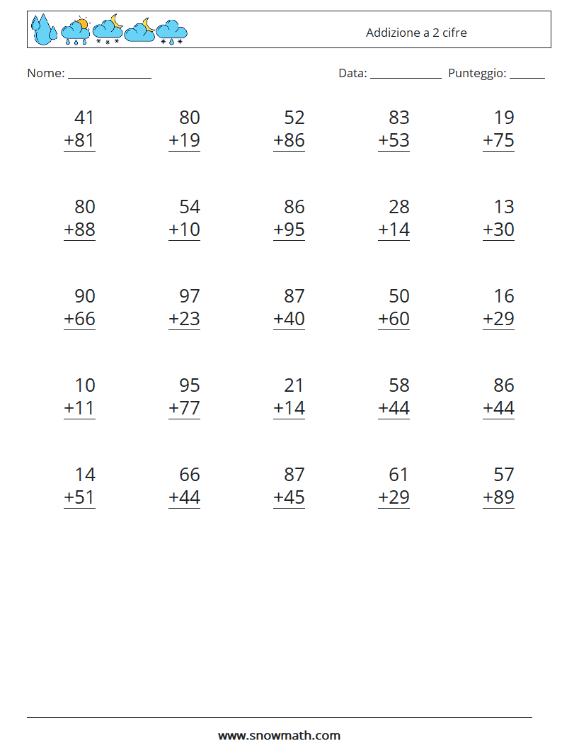 (25) Addizione a 2 cifre Fogli di lavoro di matematica 5