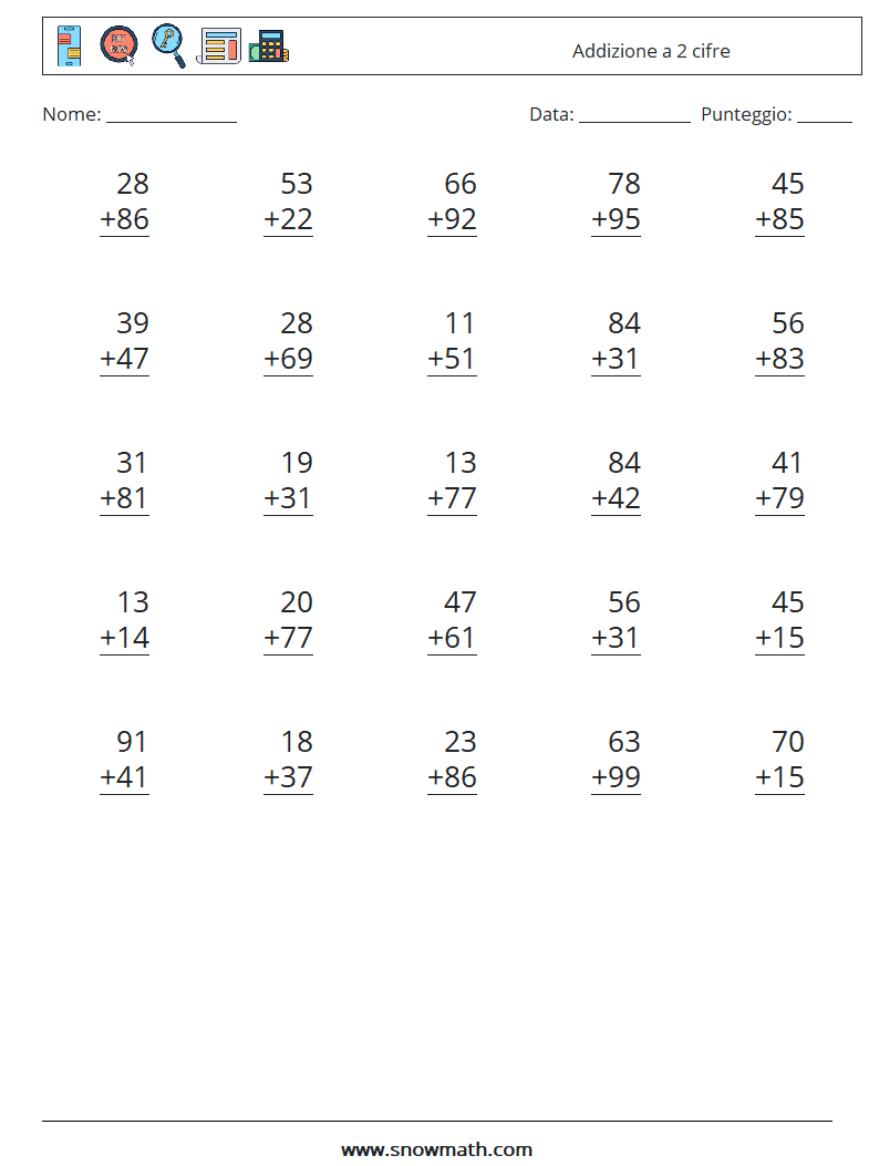 (25) Addizione a 2 cifre Fogli di lavoro di matematica 6