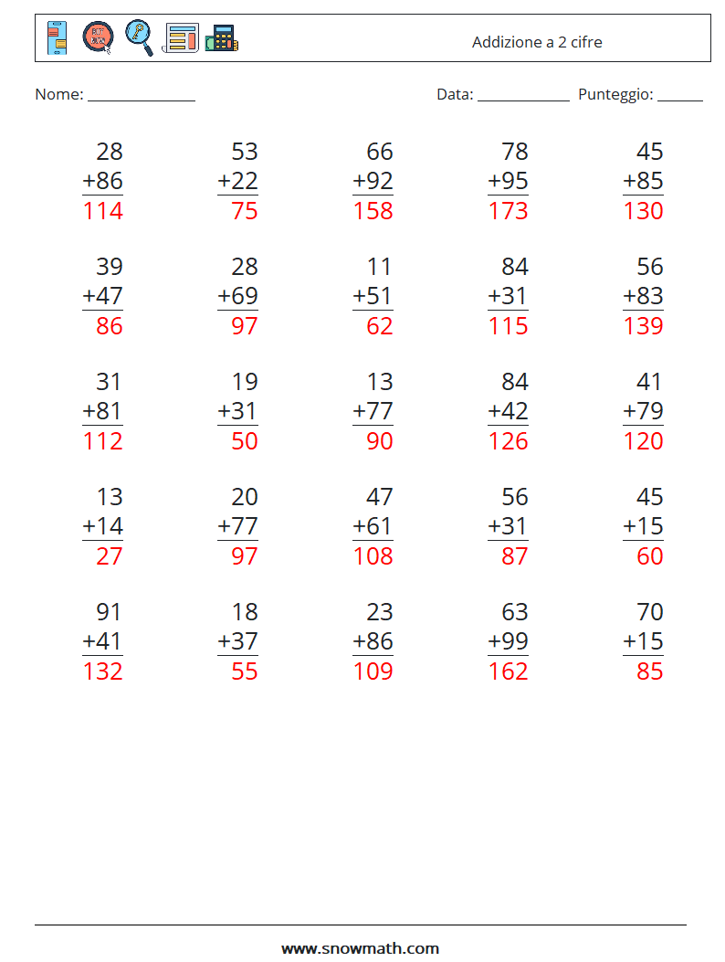 (25) Addizione a 2 cifre Fogli di lavoro di matematica 6 Domanda, Risposta