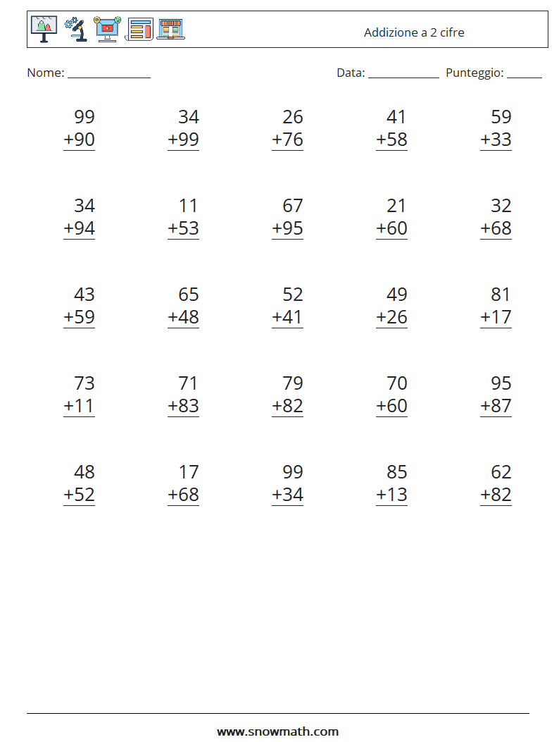 (25) Addizione a 2 cifre Fogli di lavoro di matematica 7