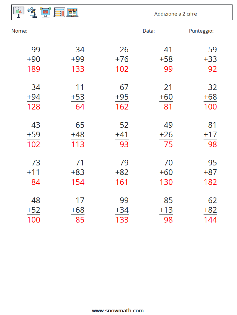 (25) Addizione a 2 cifre Fogli di lavoro di matematica 7 Domanda, Risposta