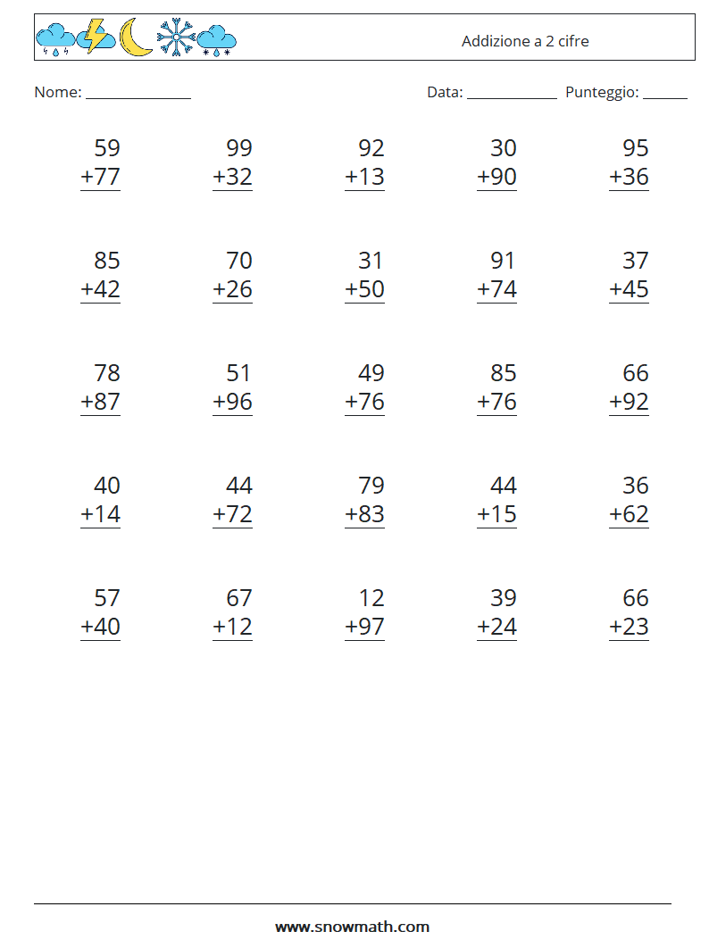 (25) Addizione a 2 cifre Fogli di lavoro di matematica 8