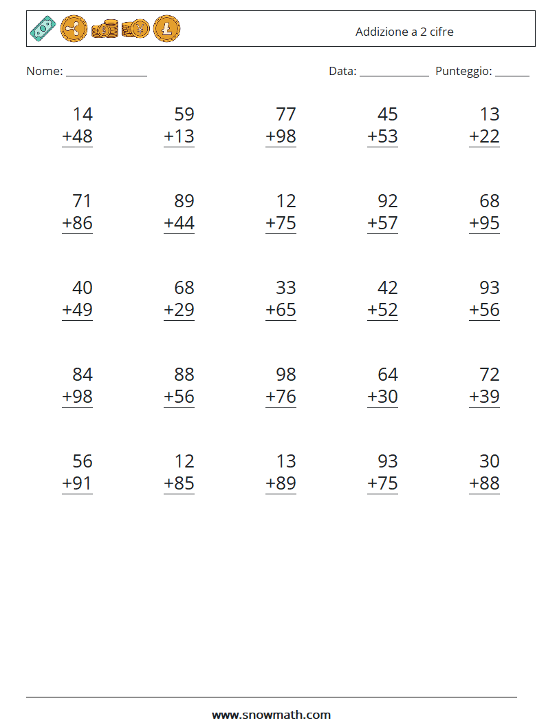 (25) Addizione a 2 cifre Fogli di lavoro di matematica 9