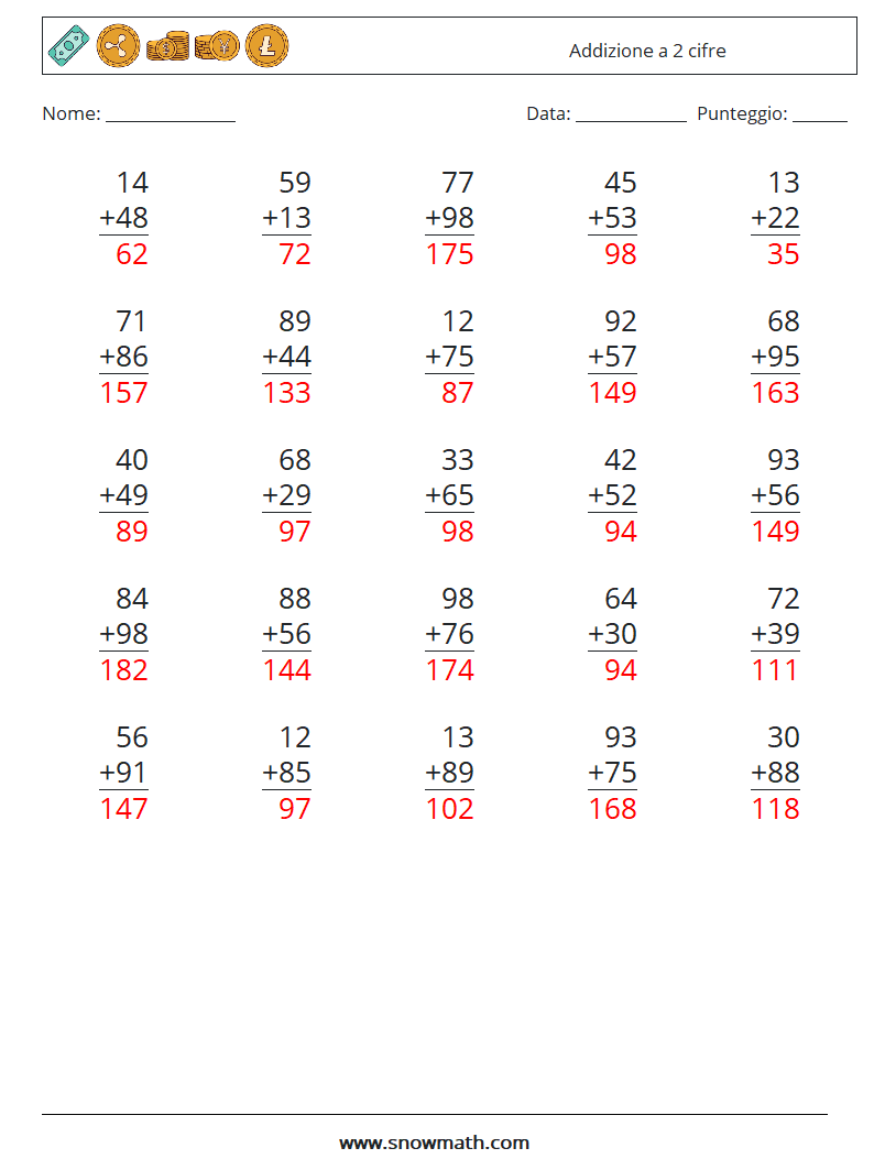 (25) Addizione a 2 cifre Fogli di lavoro di matematica 9 Domanda, Risposta