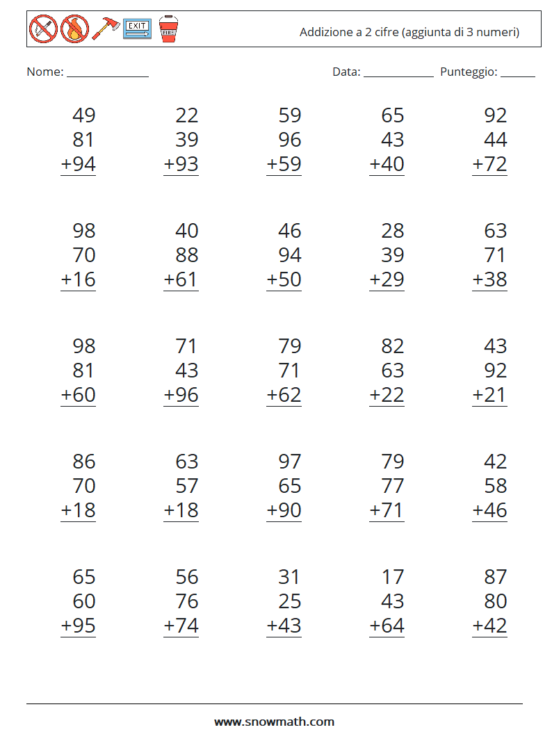 (25) Addizione a 2 cifre (aggiunta di 3 numeri) Fogli di lavoro di matematica 1