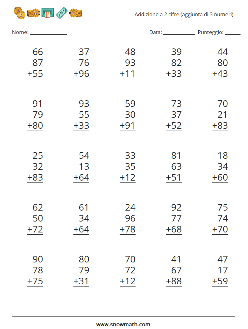 (25) Addizione a 2 cifre (aggiunta di 3 numeri) Fogli di lavoro di matematica 10