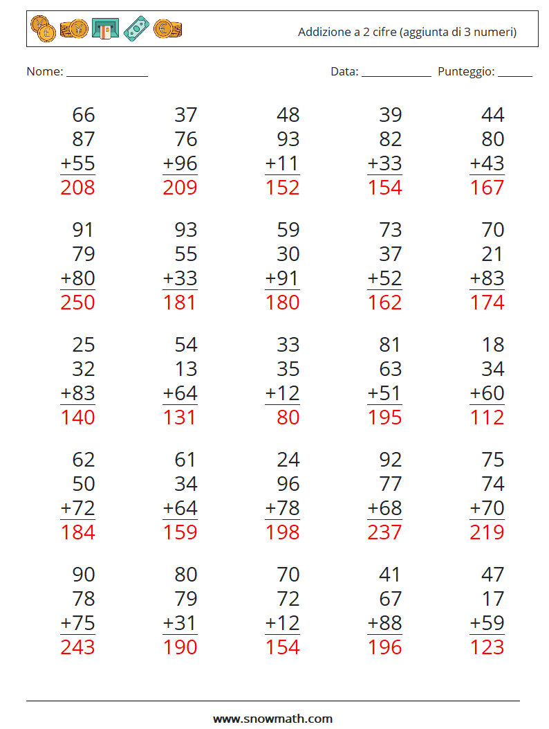 (25) Addizione a 2 cifre (aggiunta di 3 numeri) Fogli di lavoro di matematica 10 Domanda, Risposta