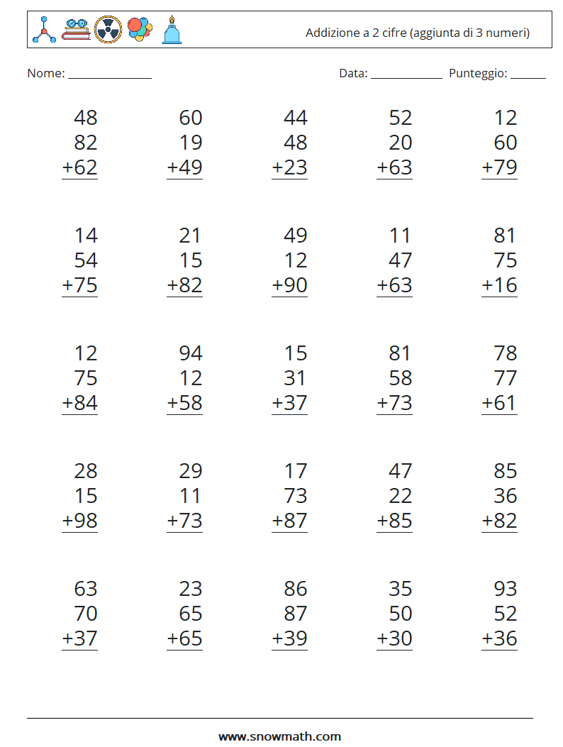 (25) Addizione a 2 cifre (aggiunta di 3 numeri) Fogli di lavoro di matematica 11