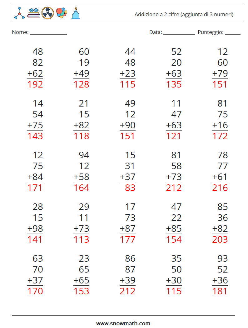 (25) Addizione a 2 cifre (aggiunta di 3 numeri) Fogli di lavoro di matematica 11 Domanda, Risposta