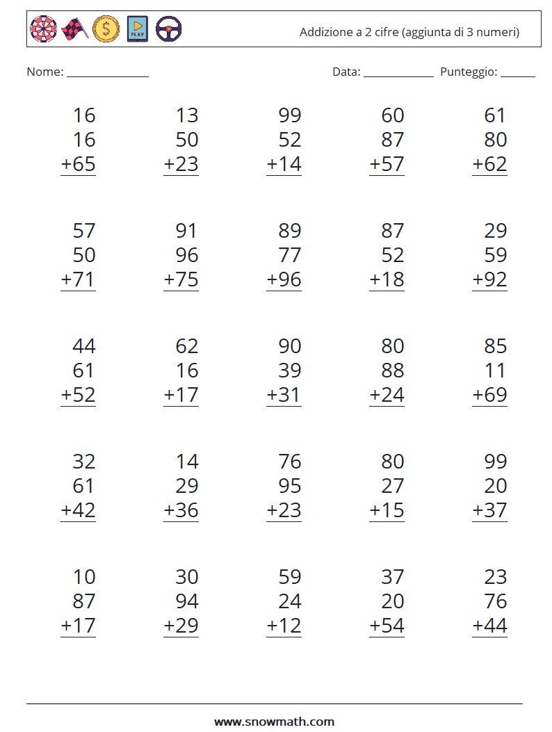 (25) Addizione a 2 cifre (aggiunta di 3 numeri) Fogli di lavoro di matematica 12