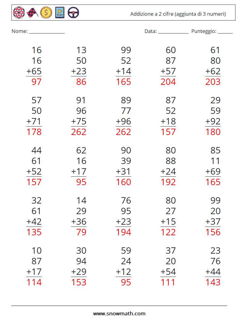 (25) Addizione a 2 cifre (aggiunta di 3 numeri) Fogli di lavoro di matematica 12 Domanda, Risposta