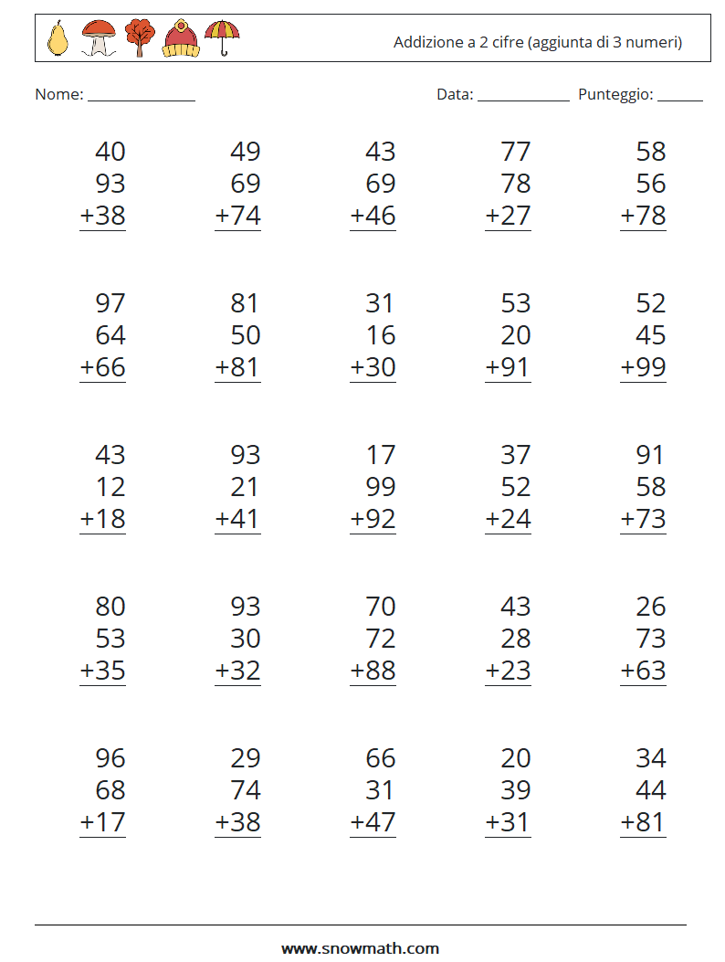 (25) Addizione a 2 cifre (aggiunta di 3 numeri) Fogli di lavoro di matematica 13