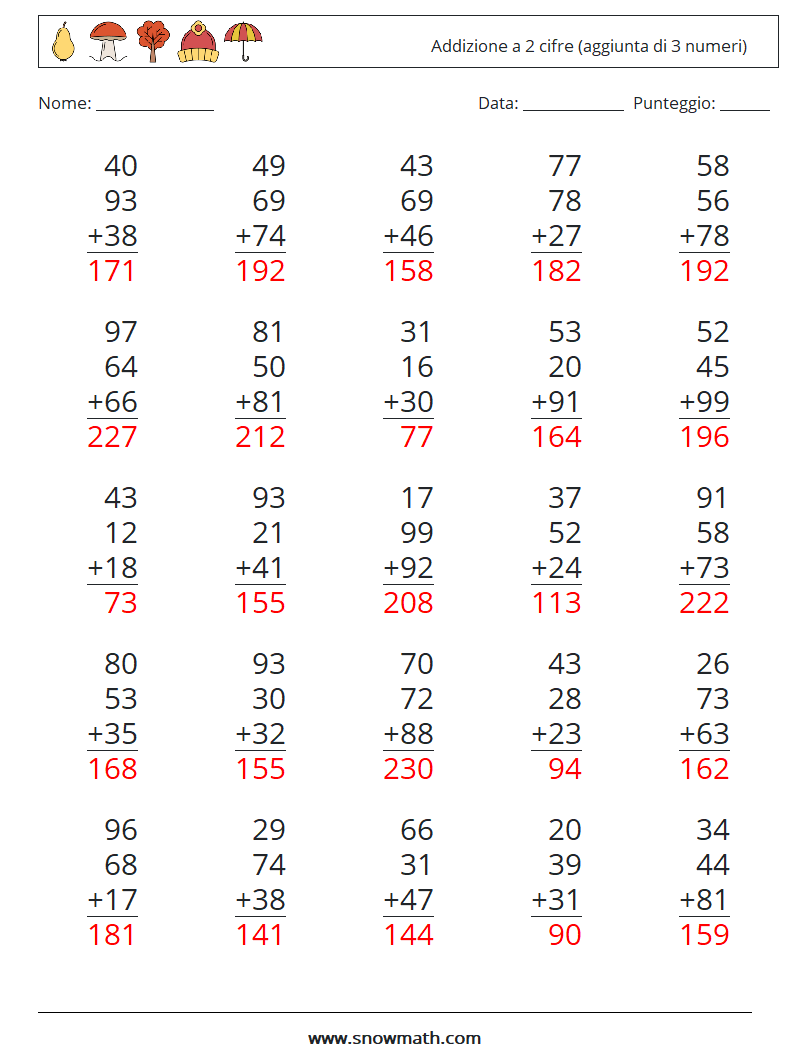 (25) Addizione a 2 cifre (aggiunta di 3 numeri) Fogli di lavoro di matematica 13 Domanda, Risposta