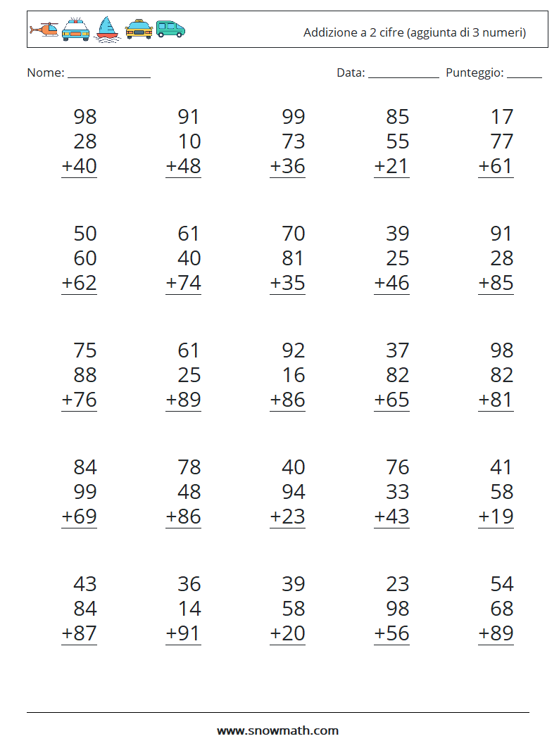(25) Addizione a 2 cifre (aggiunta di 3 numeri) Fogli di lavoro di matematica 14