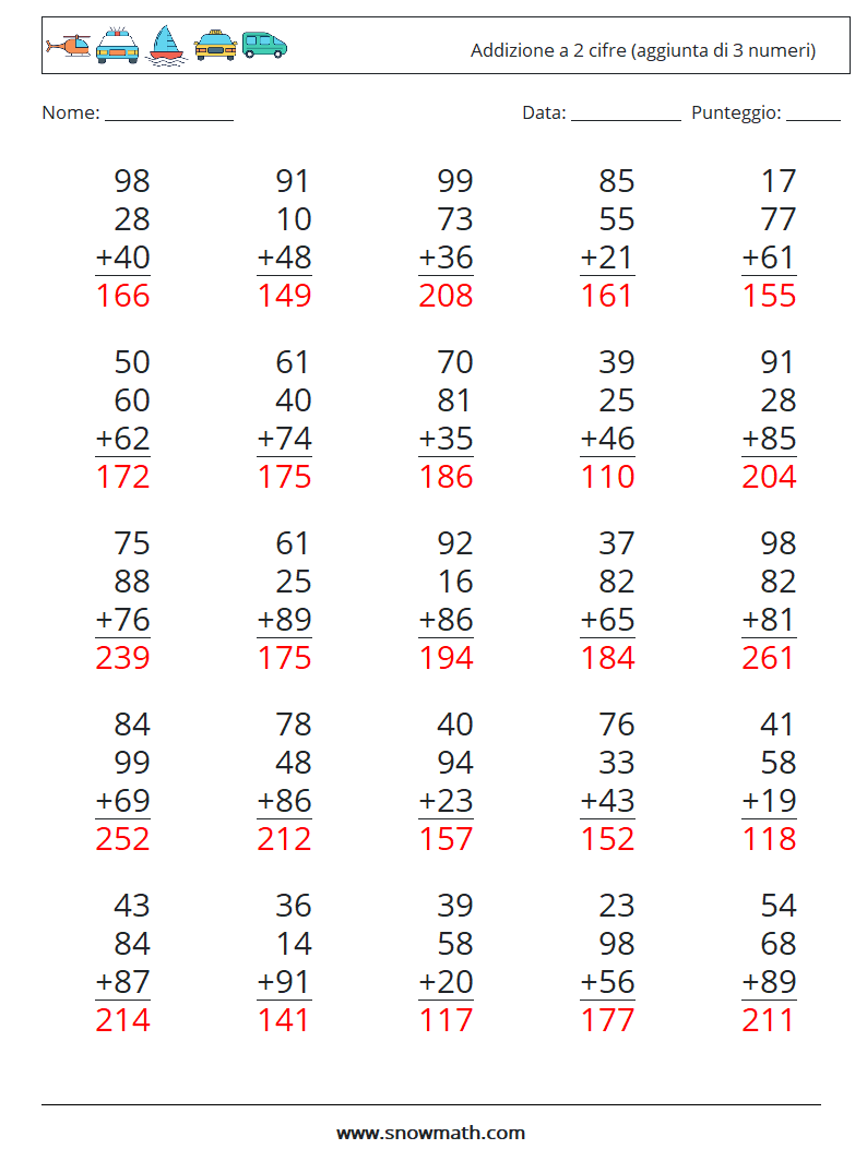 (25) Addizione a 2 cifre (aggiunta di 3 numeri) Fogli di lavoro di matematica 14 Domanda, Risposta