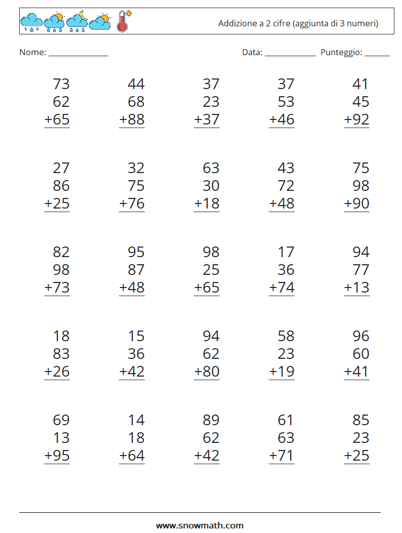 (25) Addizione a 2 cifre (aggiunta di 3 numeri) Fogli di lavoro di matematica 15