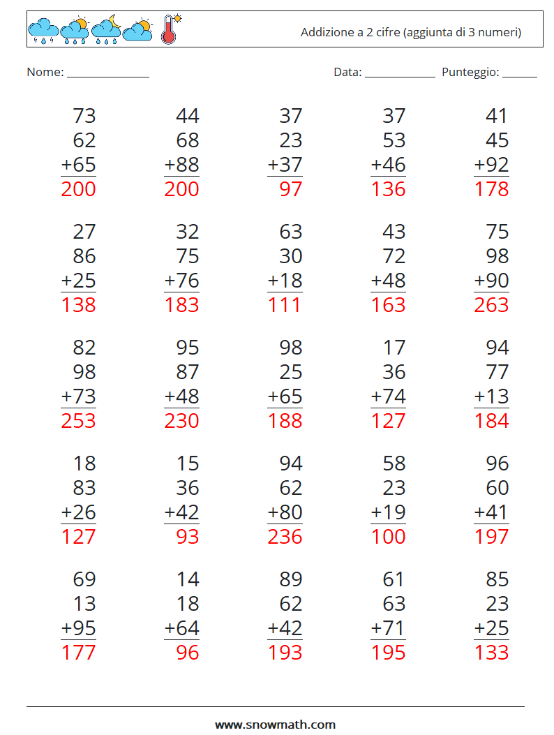 (25) Addizione a 2 cifre (aggiunta di 3 numeri) Fogli di lavoro di matematica 15 Domanda, Risposta