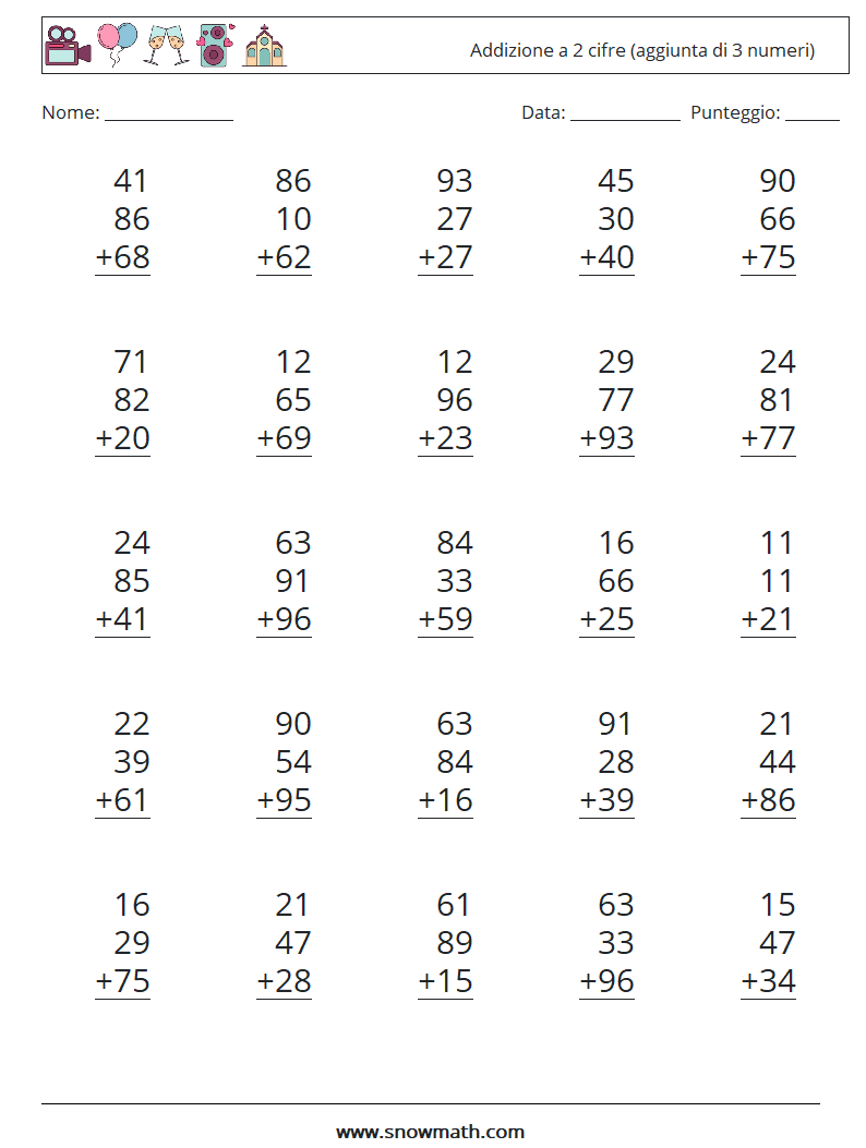 (25) Addizione a 2 cifre (aggiunta di 3 numeri) Fogli di lavoro di matematica 16