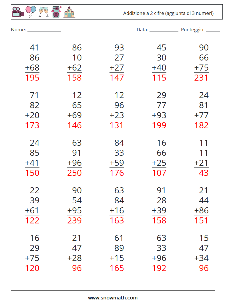 (25) Addizione a 2 cifre (aggiunta di 3 numeri) Fogli di lavoro di matematica 16 Domanda, Risposta