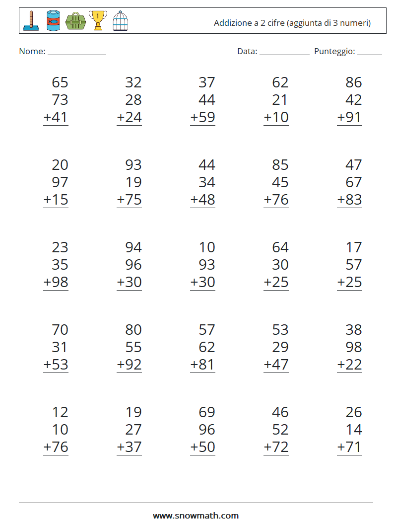 (25) Addizione a 2 cifre (aggiunta di 3 numeri) Fogli di lavoro di matematica 17
