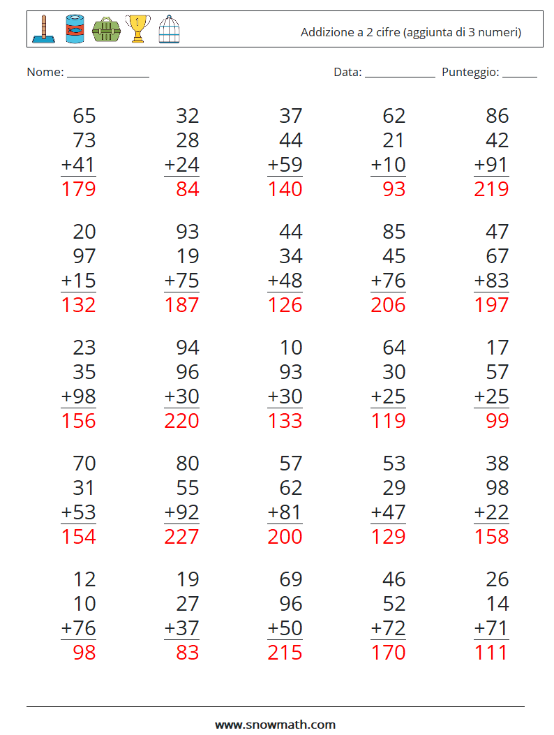 (25) Addizione a 2 cifre (aggiunta di 3 numeri) Fogli di lavoro di matematica 17 Domanda, Risposta