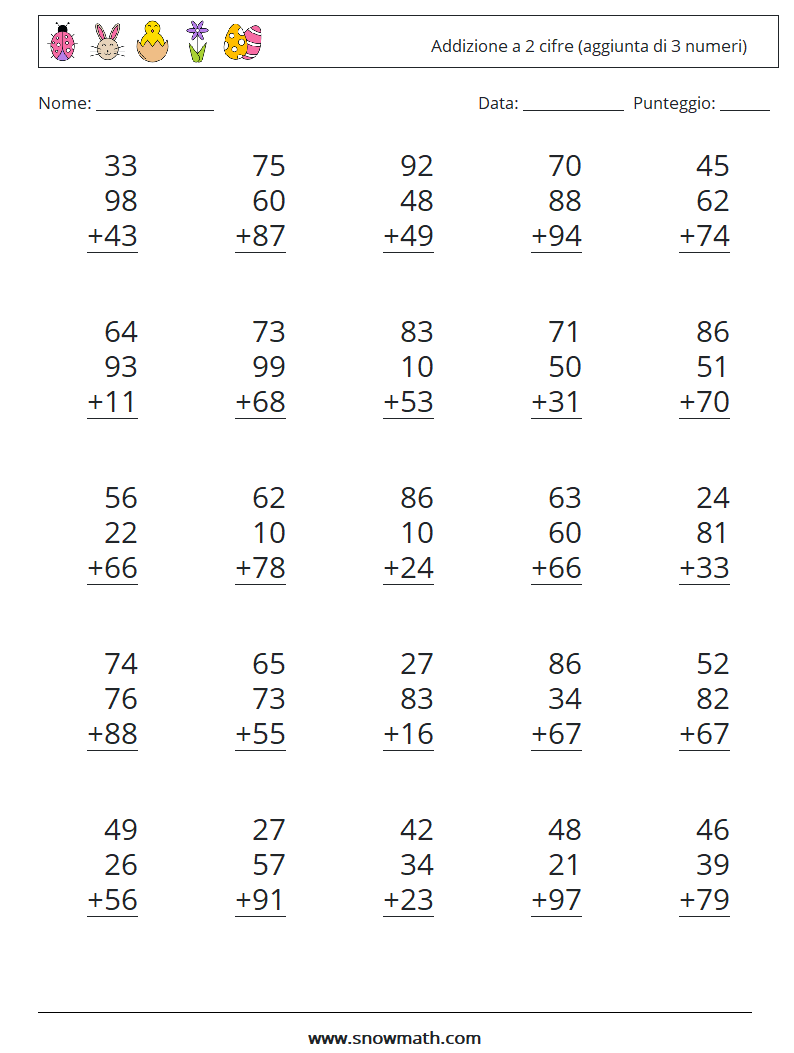 (25) Addizione a 2 cifre (aggiunta di 3 numeri) Fogli di lavoro di matematica 18