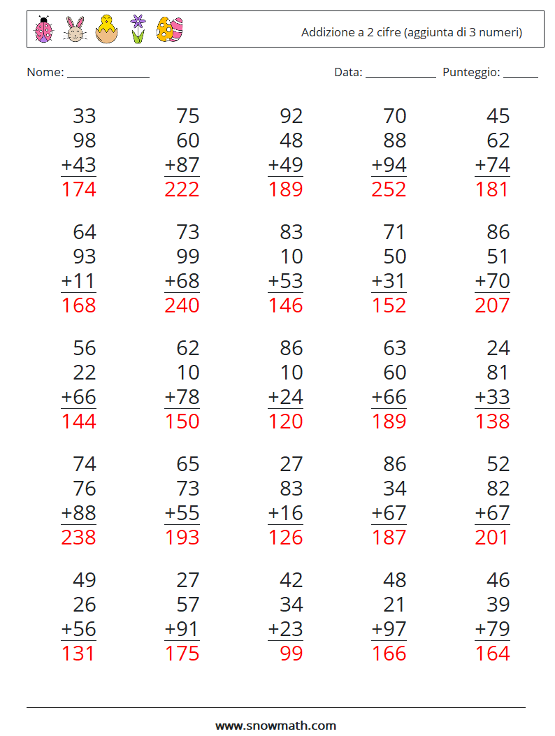 (25) Addizione a 2 cifre (aggiunta di 3 numeri) Fogli di lavoro di matematica 18 Domanda, Risposta