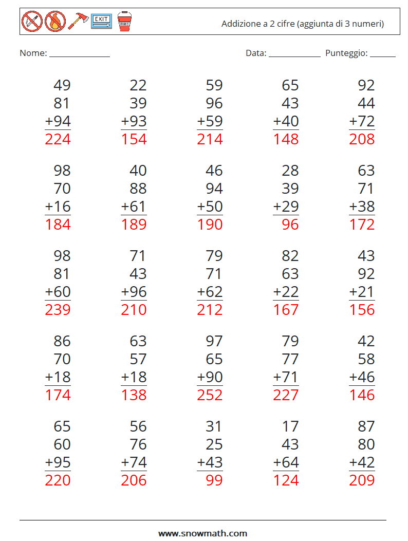 (25) Addizione a 2 cifre (aggiunta di 3 numeri) Fogli di lavoro di matematica 1 Domanda, Risposta