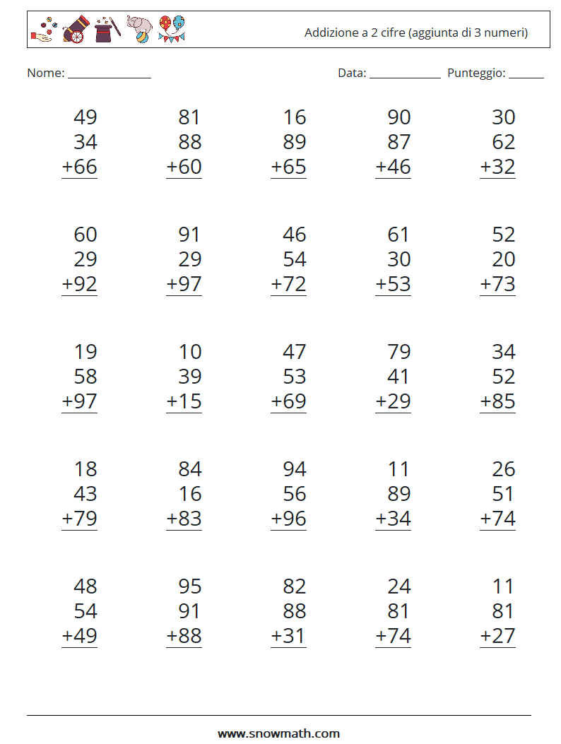 (25) Addizione a 2 cifre (aggiunta di 3 numeri) Fogli di lavoro di matematica 2
