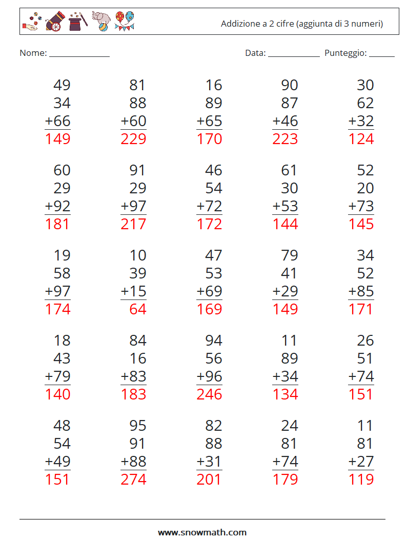(25) Addizione a 2 cifre (aggiunta di 3 numeri) Fogli di lavoro di matematica 2 Domanda, Risposta