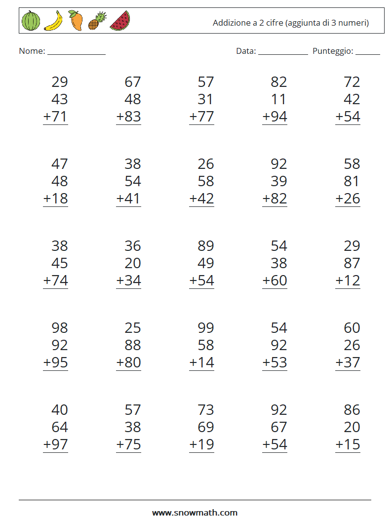 (25) Addizione a 2 cifre (aggiunta di 3 numeri) Fogli di lavoro di matematica 3